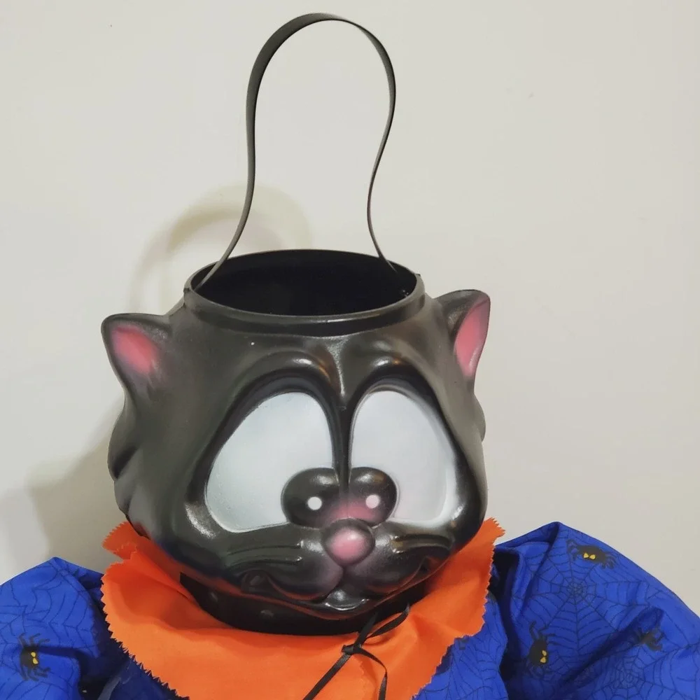 Vintage Blow Mold Black Cat Halloween Trick or Treat Bucket Pail Plush 21''